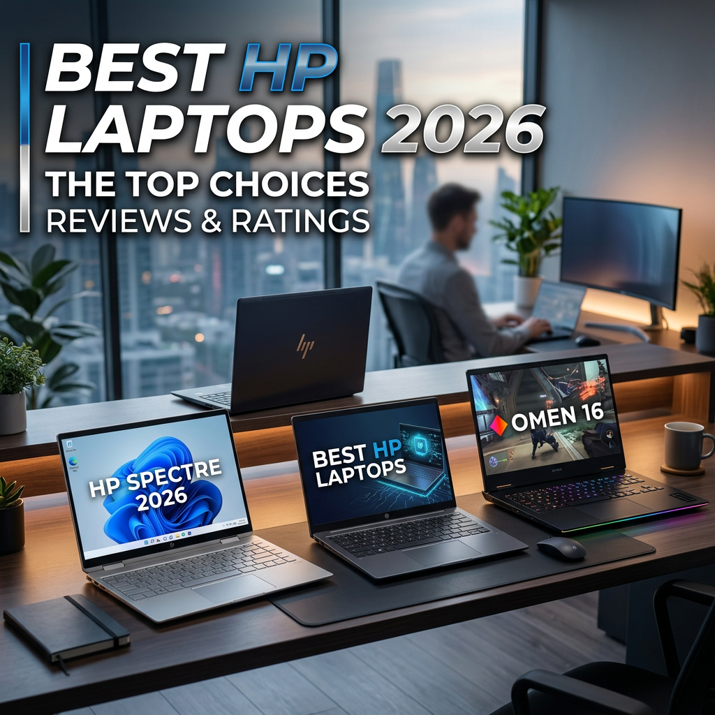 Three HP laptops with screens showing HP Spectre 2026, Best HP Laptops, and Omen 16 gaming content