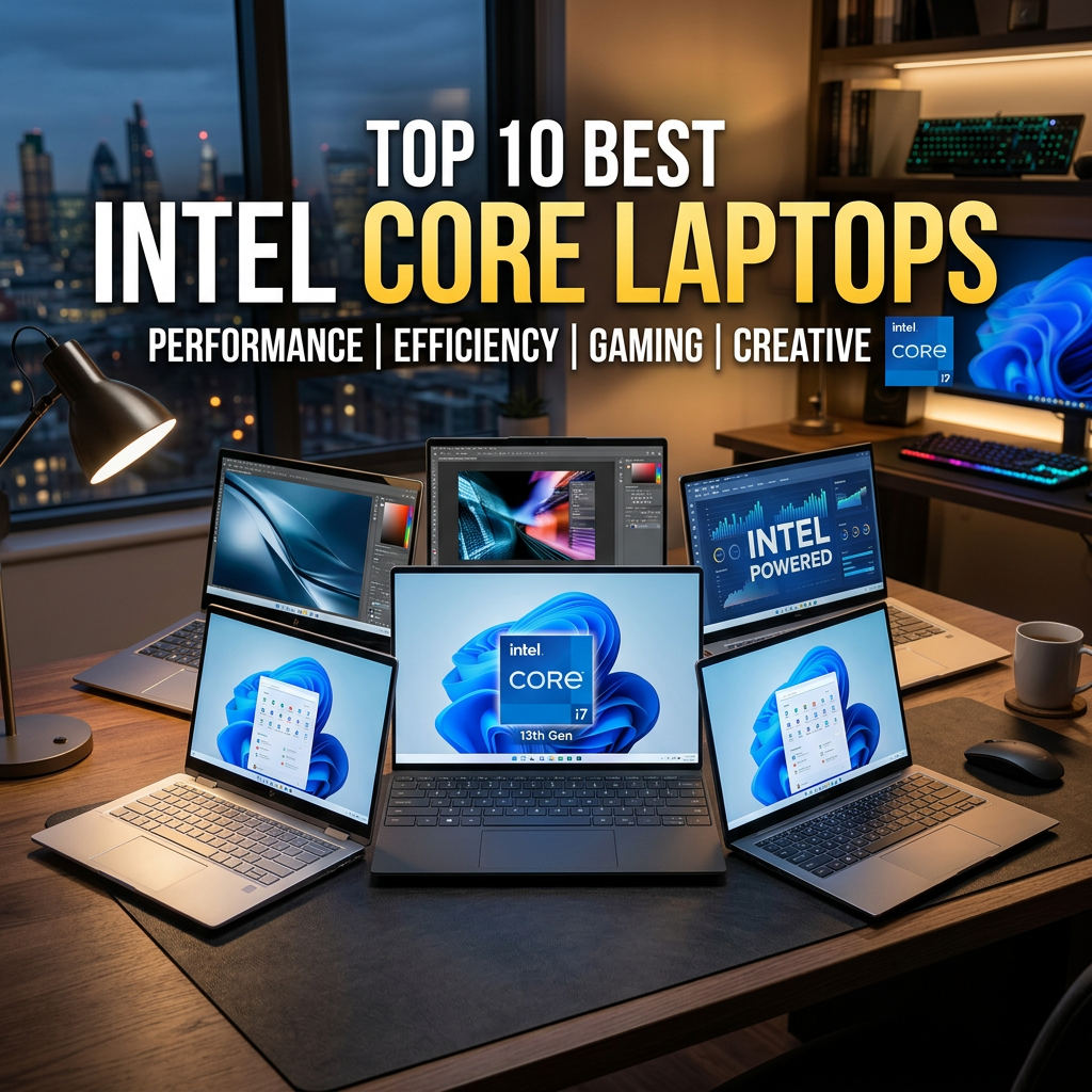 Multiple Intel Core laptops displaying Windows 11 and performance software on a desk
