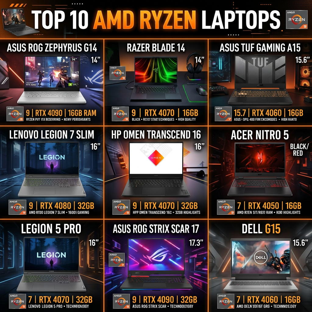 Top 10 AMD Ryzen laptops with brand names, screen sizes, CPU, GPU and RAM specifications.