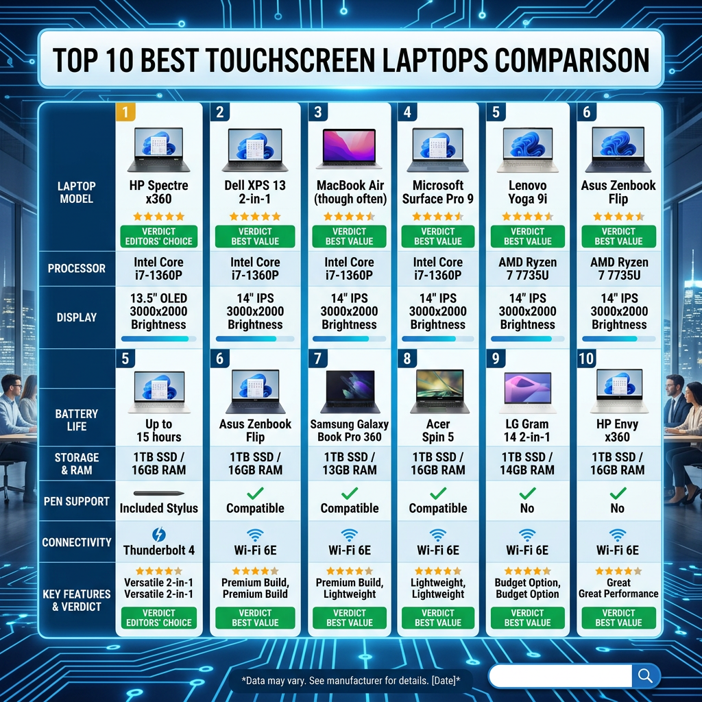 Comparison chart of top 10 touchscreen laptops with specs and ratings